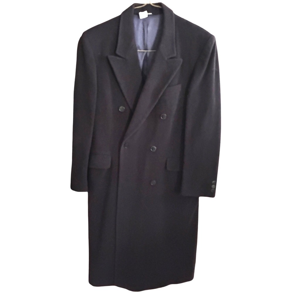 Ricci Mens 38R Navy Black Double Breasted  Wool Overcoat Peak Lapel Long Coat